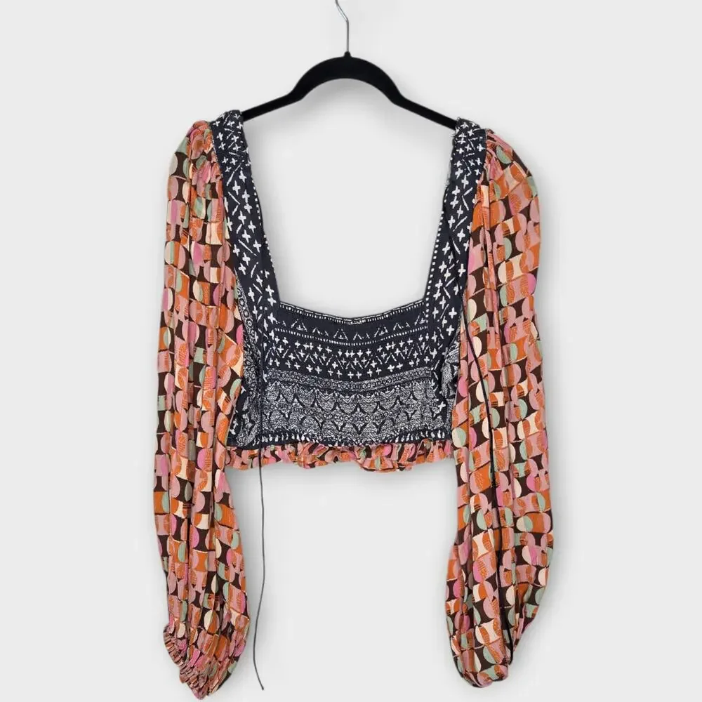 Free People Naomi Mixed Print Crop Top Balloon Sleeve Smocked Back Women's Med